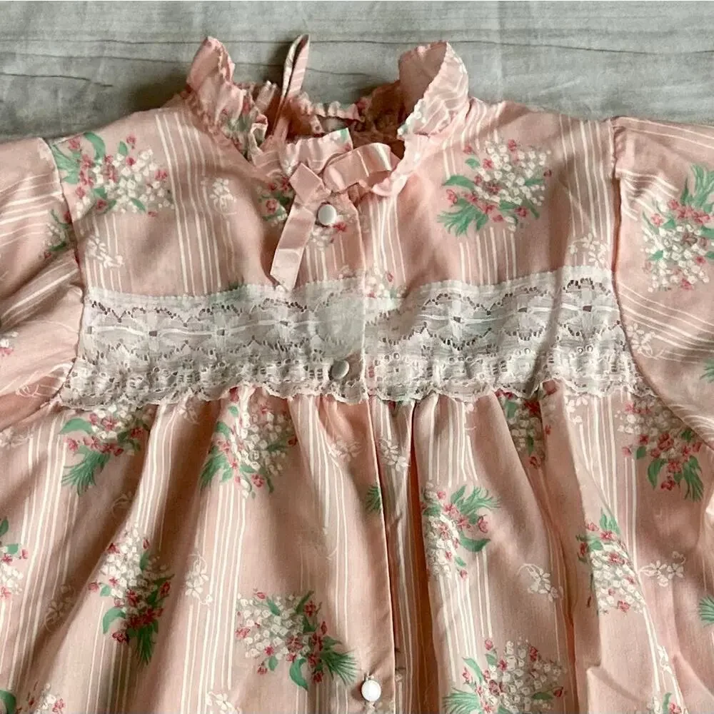 Vintage Ballet New York Pink Floral Nightgown Lace Yoke Short Sleeve Cottagecore - Picture 6 of 10